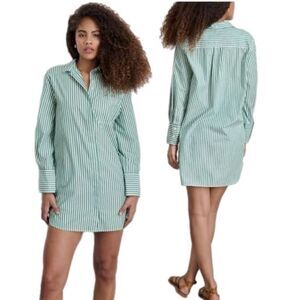 Alex Mill NWT Belle Shirt Dress In Striped Portuguese Poplin Green/White Size L